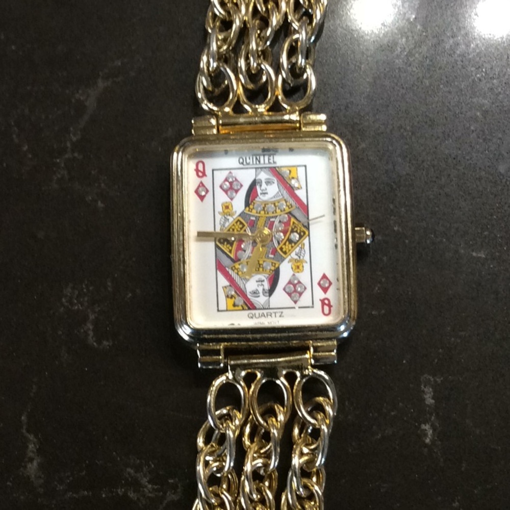 Vintage quintel queen playing card bling watch
